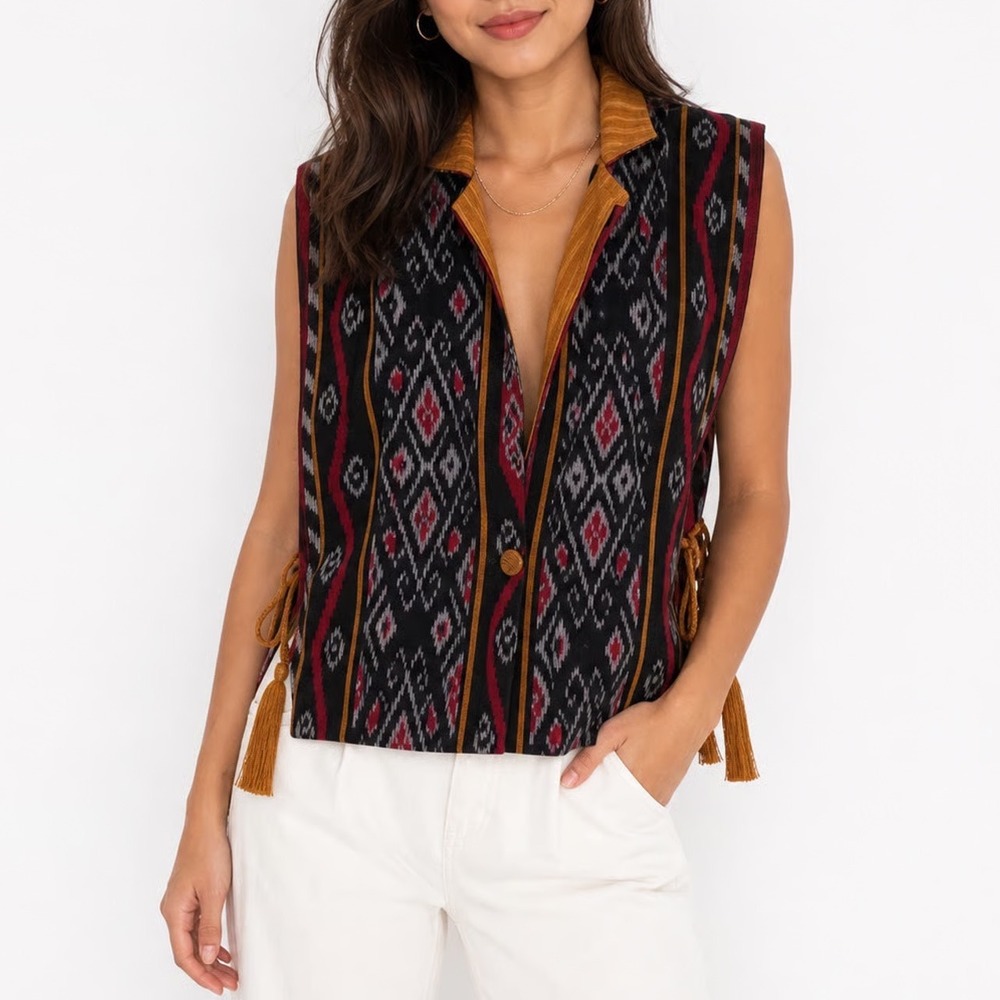 Lori Ikat Vest Women One Size Multicolor Corduroy Collar Side Ties Boho NEW